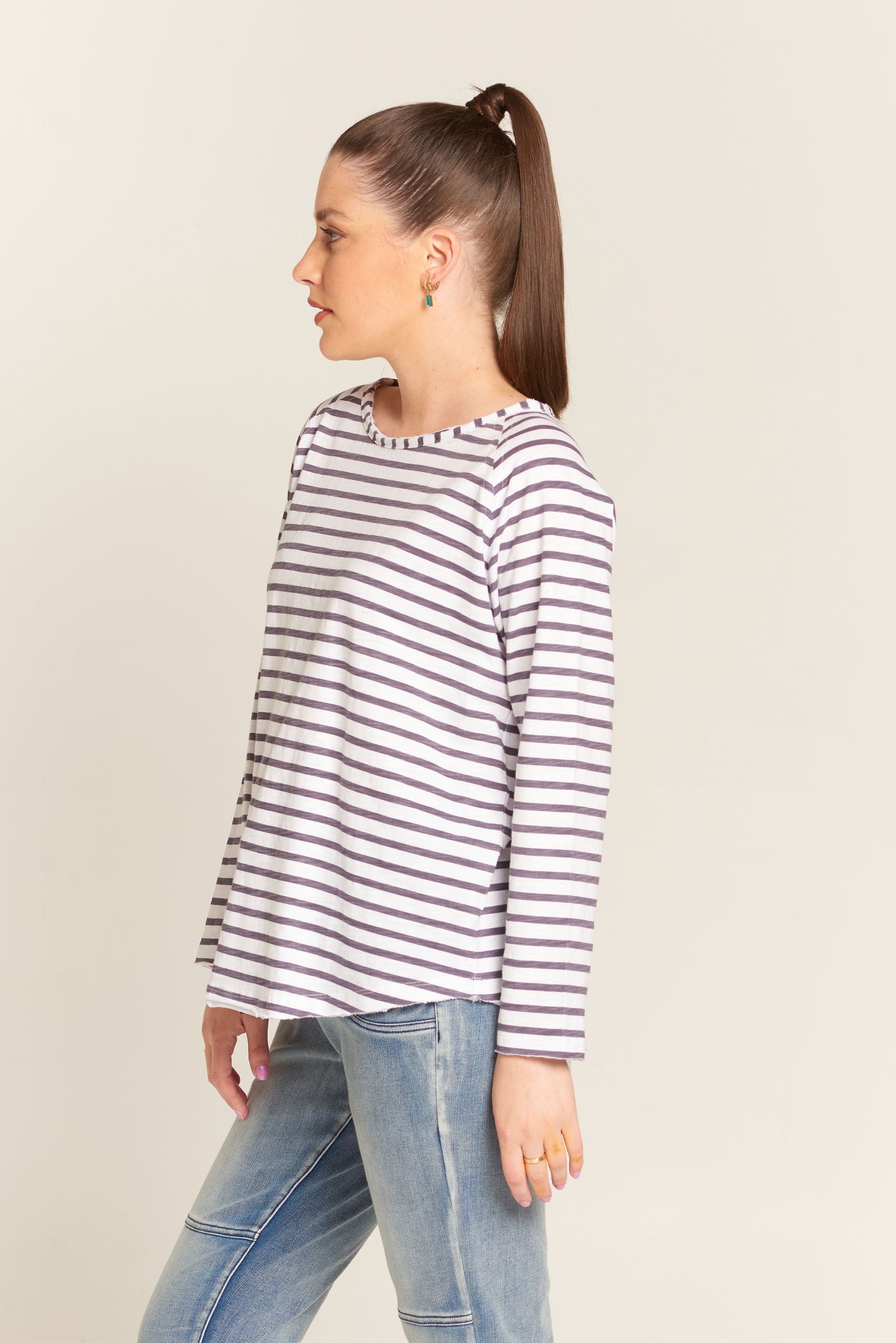 Cloth Paper Scissors Long Sleeve Stripe Printed Top White/Charcoal | CPS1214-13