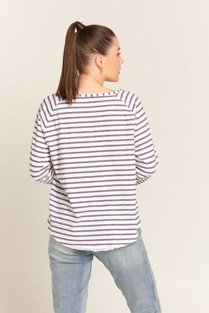 Cloth Paper Scissors Long Sleeve Stripe Printed Top White/Charcoal | CPS1214-13