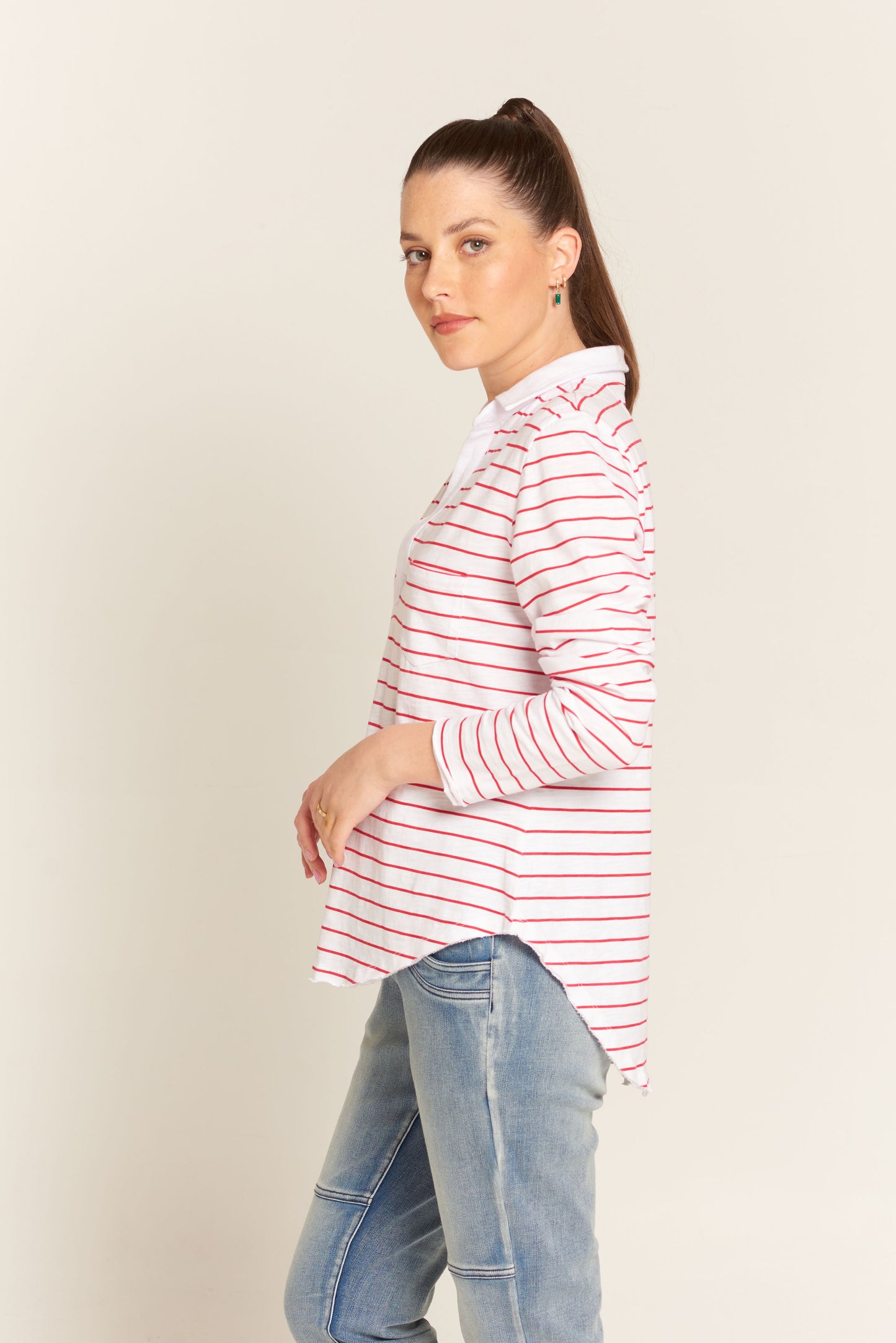 Cloth Paper Scissors Long Sleeve Stripe Printed Top White/Red | CPS1358-13