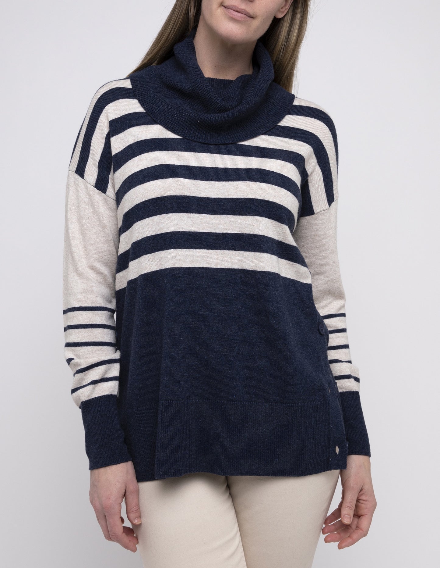 Ping Pong Stripe Cowl Neck Pullover Navy/Oatmeal | PP545045