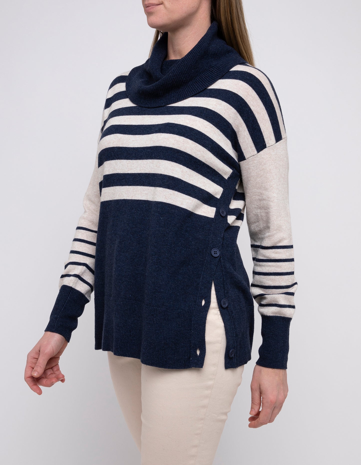 Ping Pong Stripe Cowl Neck Pullover Navy/Oatmeal | PP545045