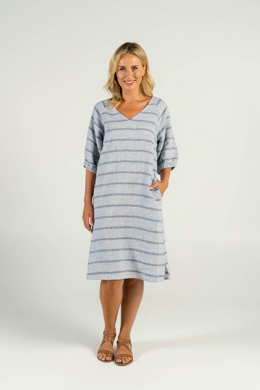 See Saw - 100% Linen 3/4 SL Neck 2 Pkt Dress in Blue/White | SS786