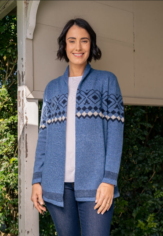 See Saw Lambswool Blend Open Jacquard Cardigan Denim/Navy | SS609D