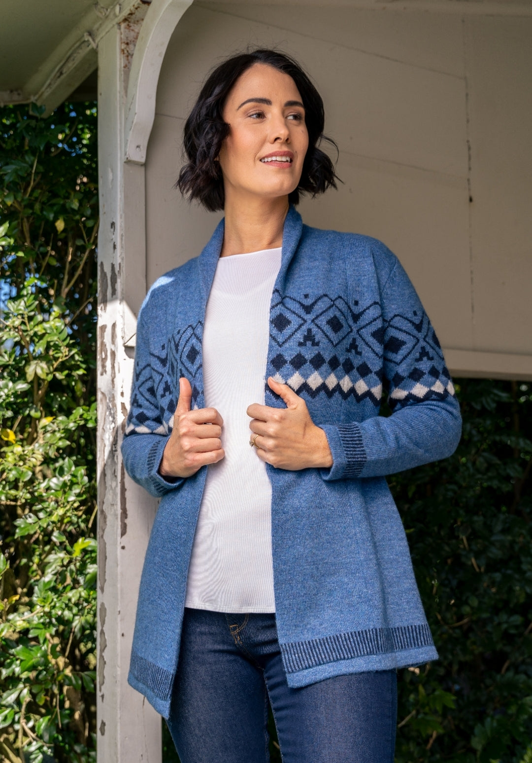 See Saw Lambswool Blend Open Jacquard Cardigan Denim/Navy | SS609D