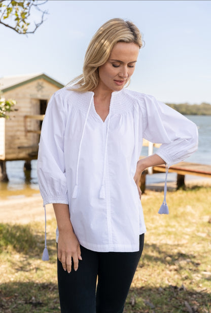 See Saw Cotton Sateen Peasant Top White | SS700W