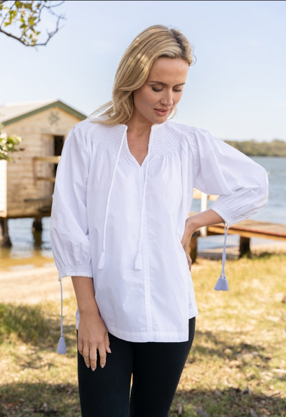 See Saw Cotton Sateen Peasant Top White | SS700W