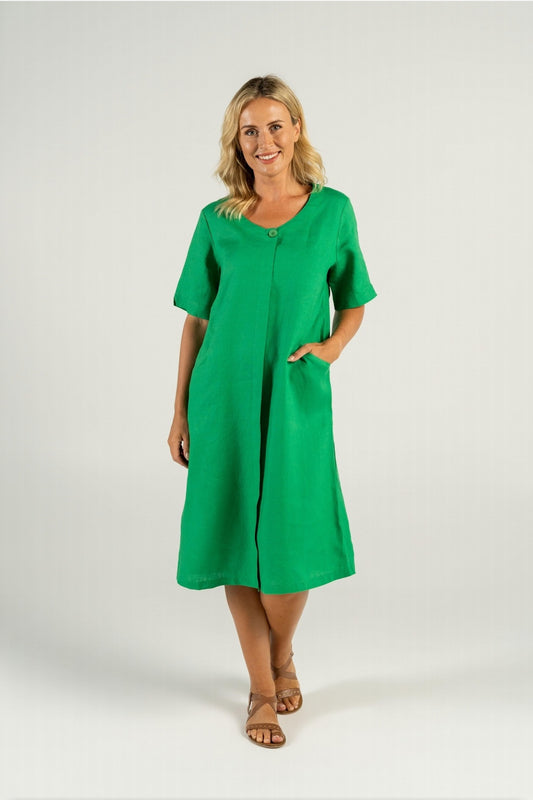 See Saw - 100% Linen SS V Neck 2 Pkt Dress Emerald | SW756E