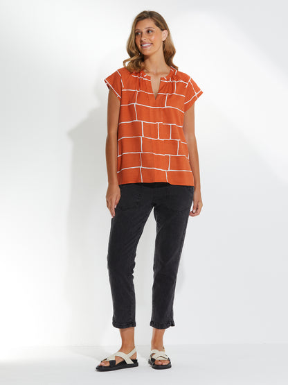Marco Polo Short Sleeve Cable Check Top Burnt Orange | MP4474