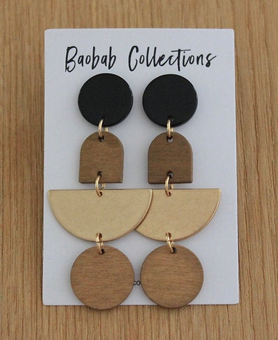 Baobab - Gilded Earring: 4pc Drop, Blk, Gold & Wood Circular Drop | LEGILD1
