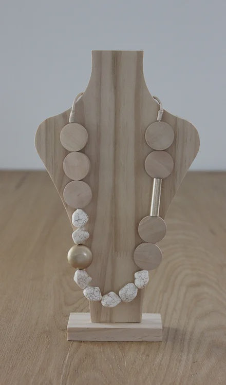 Wooden Necklace: Cream Pebbles, Wooden & Gold Beads | LNW6