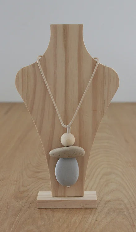 Wooden Necklace: Grey & Natural Pebble Drop w/ Round Wooden Bead | LNW21