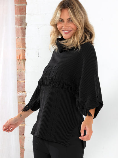 3/4 SLEEVE FRINGE SWEATER